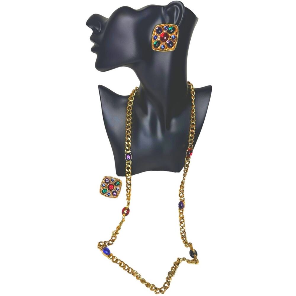 Curb Chain Necklace Earring Set Glass Cabochon Sautoir Chunky